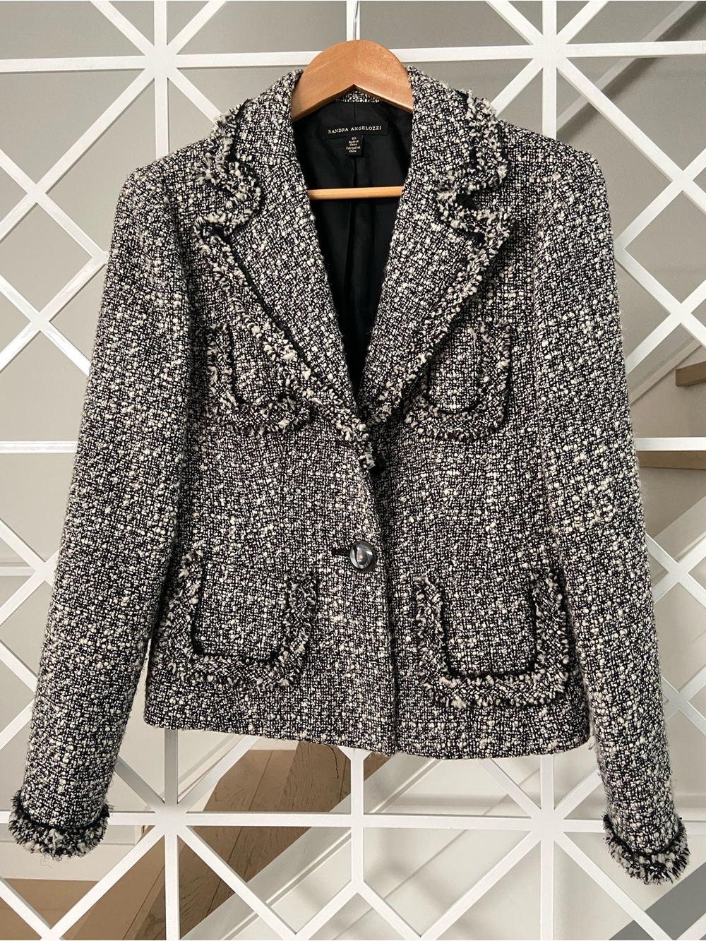 SANDRA ANGELOZZI Wool Blend Tweed Blazer Black White Tailored Jacket US 8 EUC - Picture 2 of 9